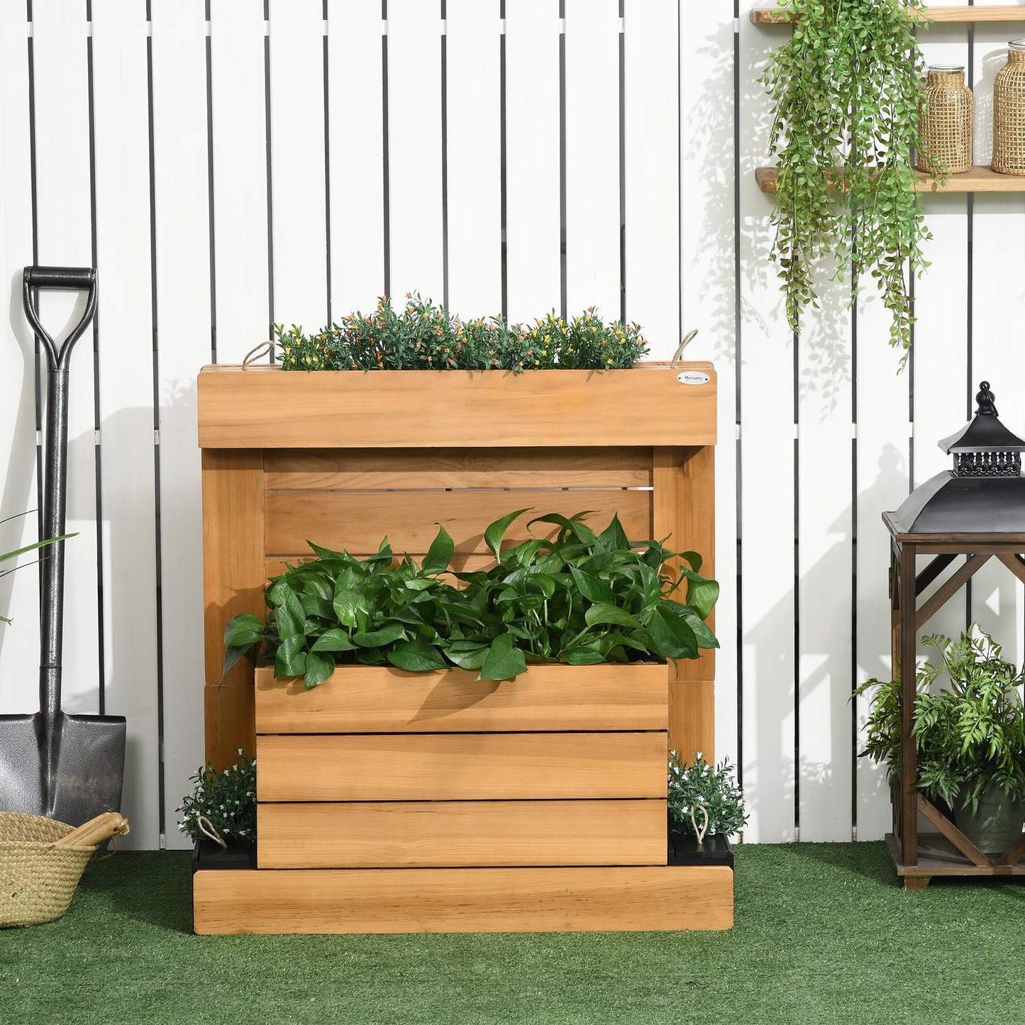 Raised garden bed with self-watering boxes, wood, brown