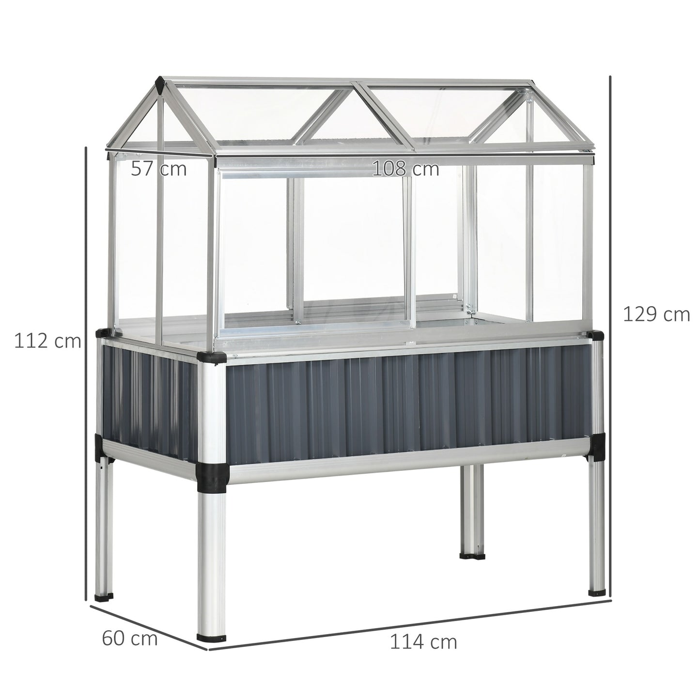 Weatherproof steel raised bed with greenhouse, dark grey