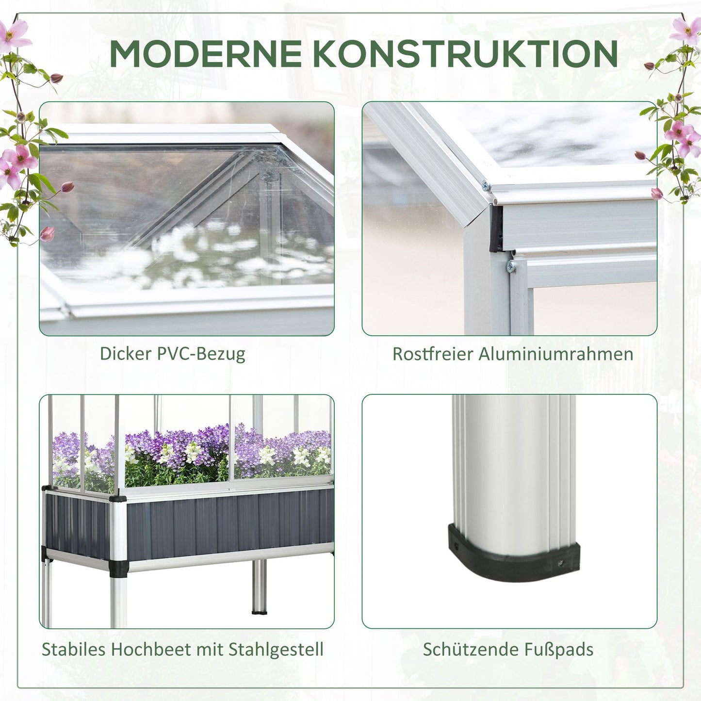 Weatherproof steel raised bed with greenhouse, dark grey