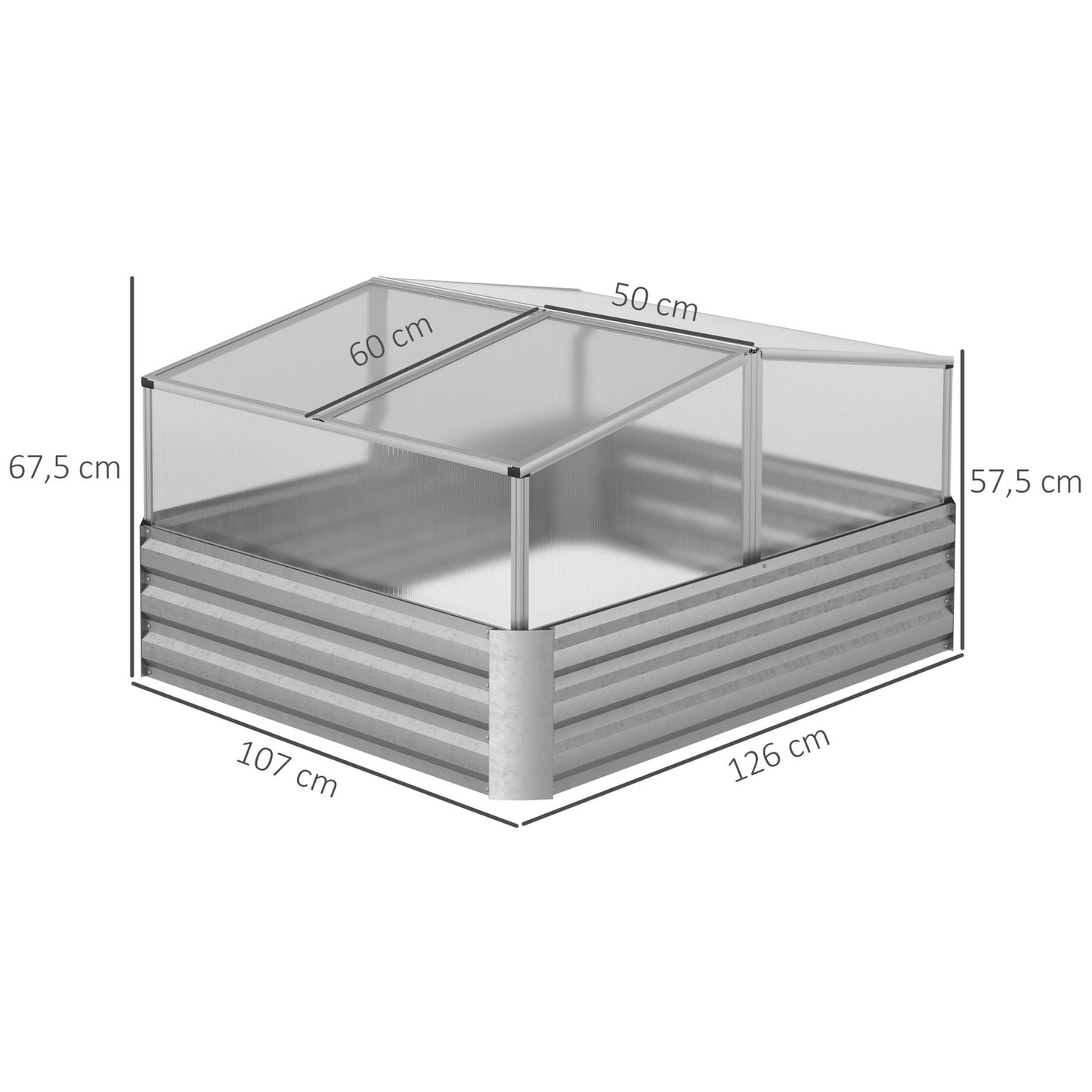 Raised garden bed with roof hatches, silver, 126x107x67.5 cm