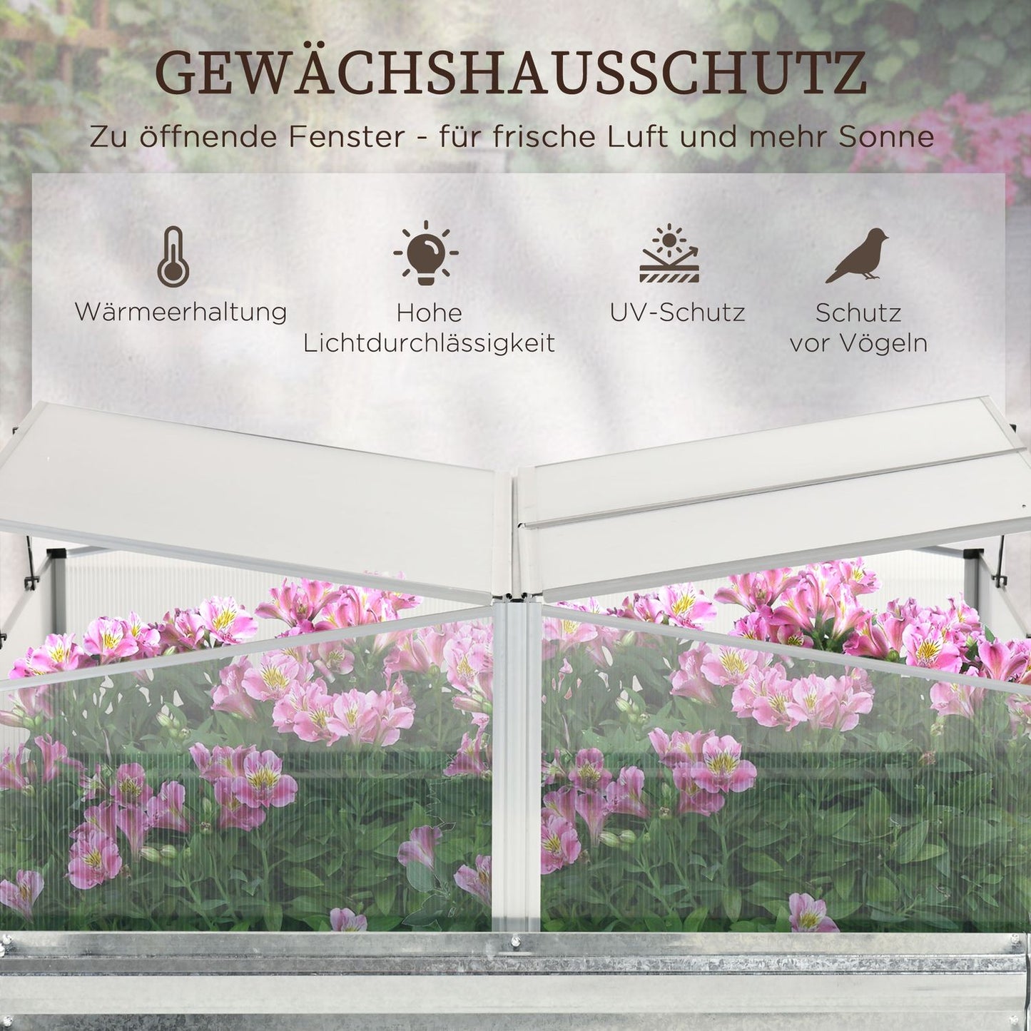 Raised garden bed with roof hatches, silver, 126x107x67.5 cm
