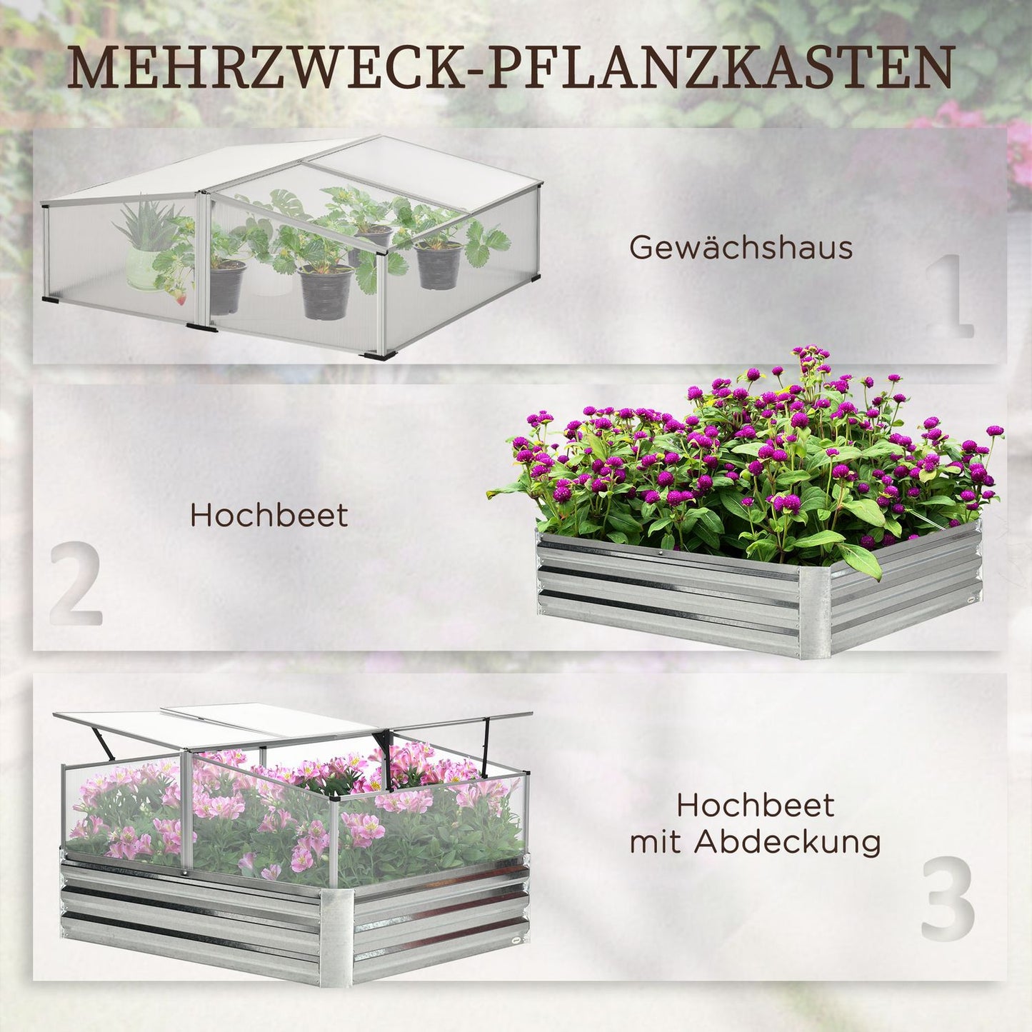 Raised garden bed with roof hatches, silver, 126x107x67.5 cm