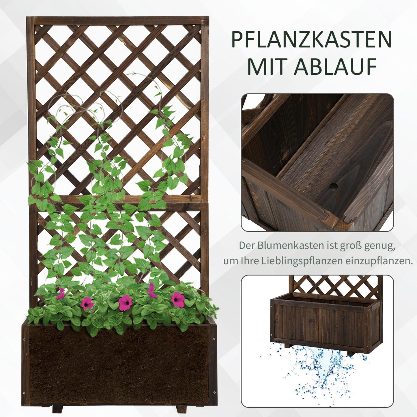 Raised wooden bed and trellis for climbing plants, 72.5x31.5x149.5 cm