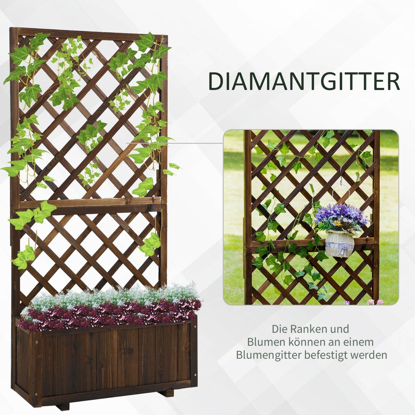 Raised wooden bed and trellis for climbing plants, 72.5x31.5x149.5 cm