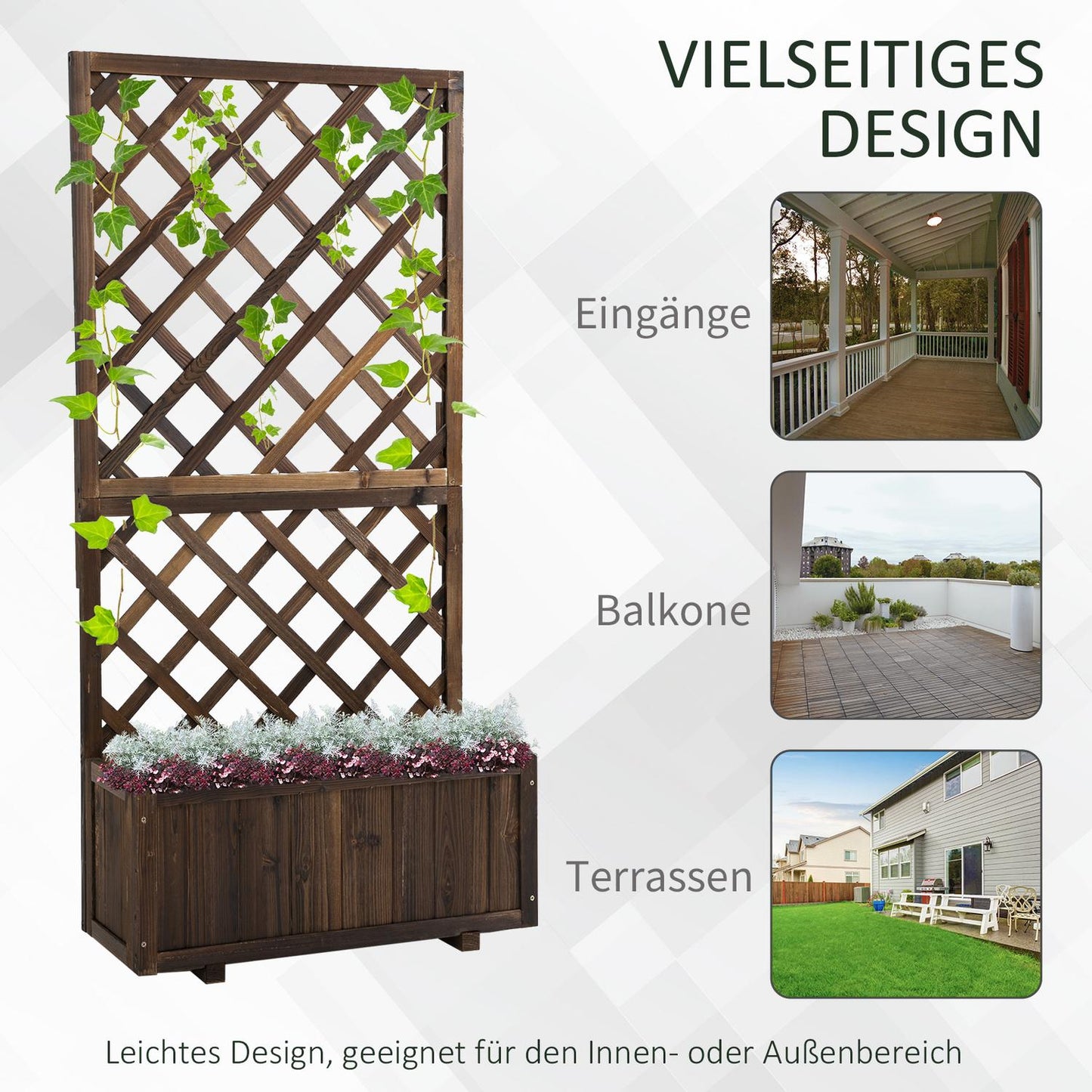 Raised wooden bed and trellis for climbing plants, 72.5x31.5x149.5 cm