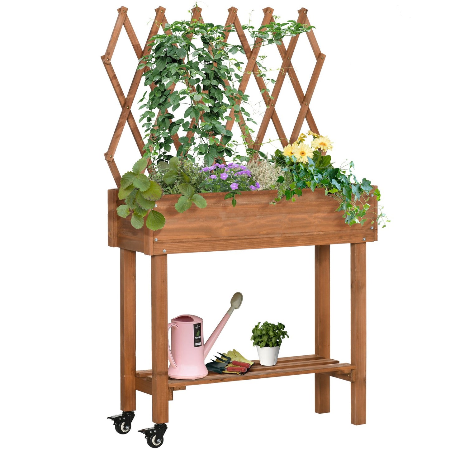 Raised garden bed with trellis and wheels, solid wood