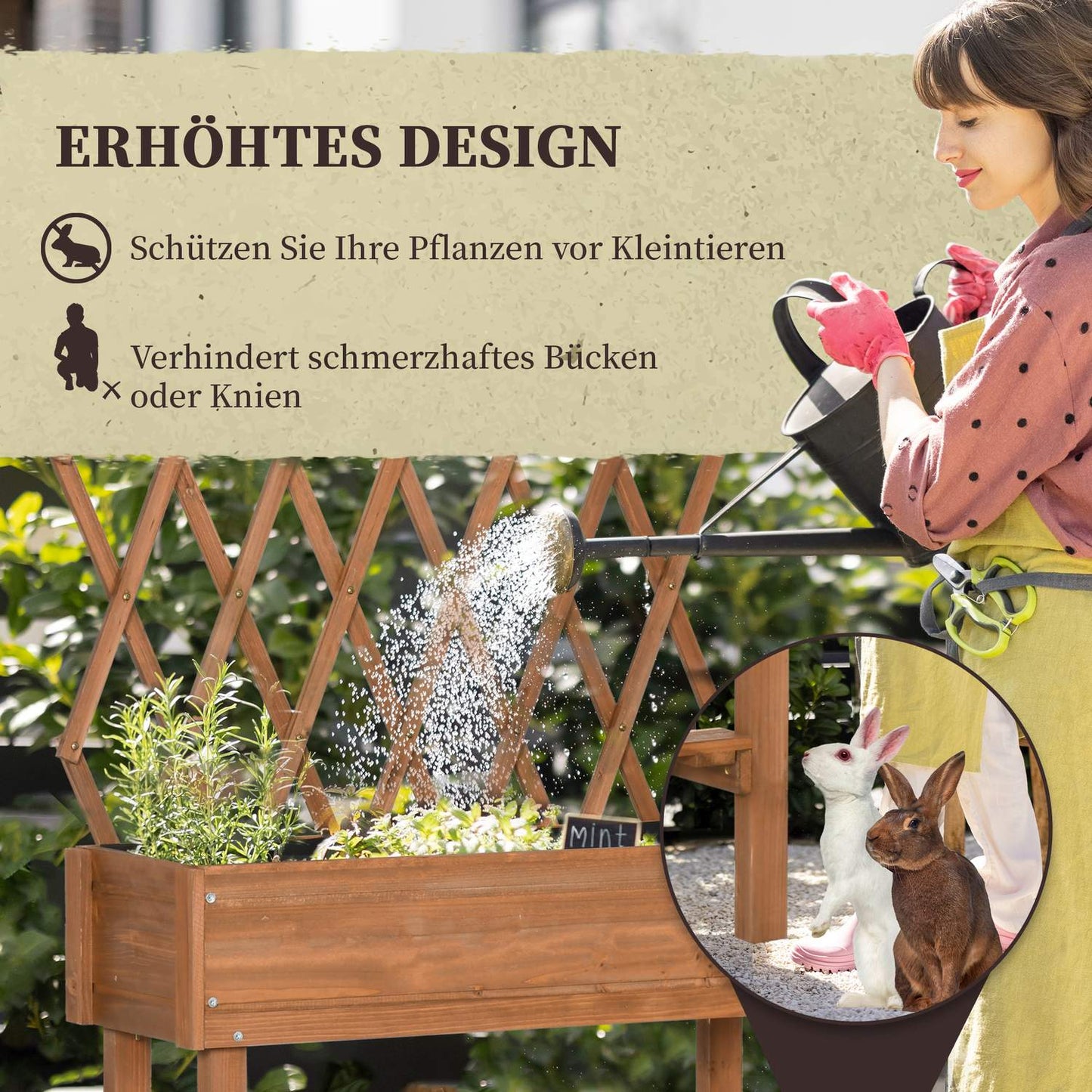 Raised garden bed with trellis and wheels, solid wood