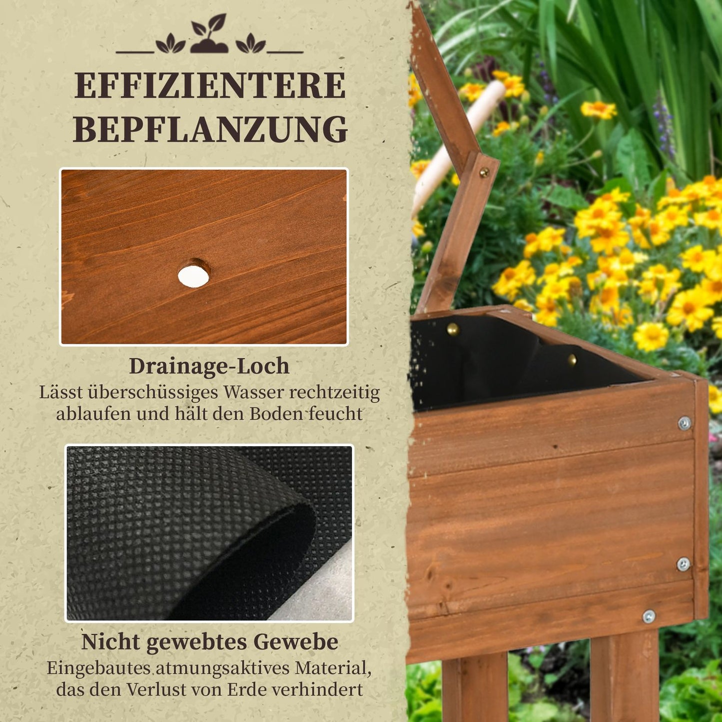 Raised garden bed with trellis and wheels, solid wood