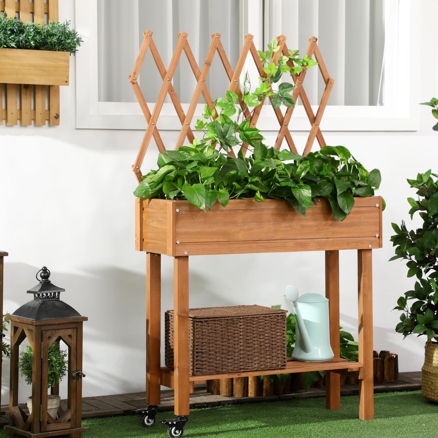 Raised garden bed with trellis and wheels, solid wood