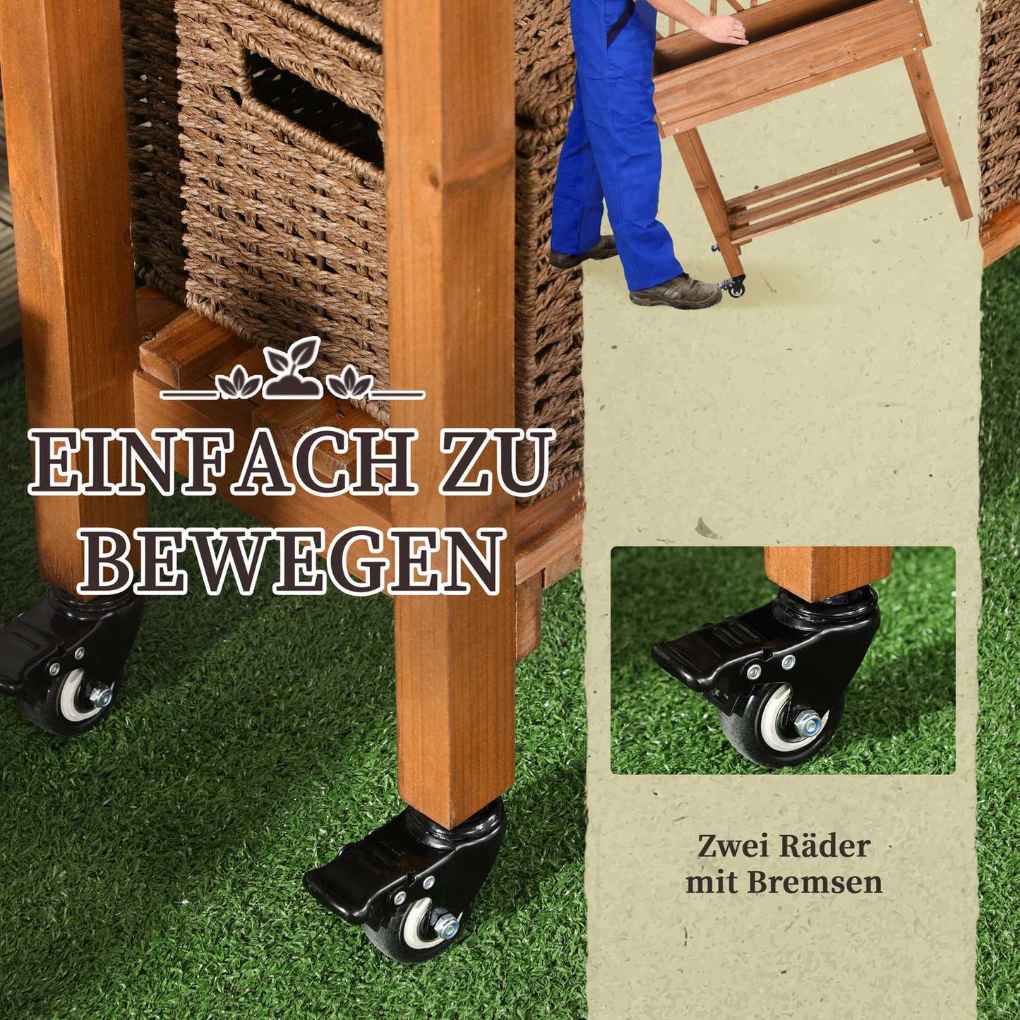 Raised garden bed with trellis and wheels, solid wood