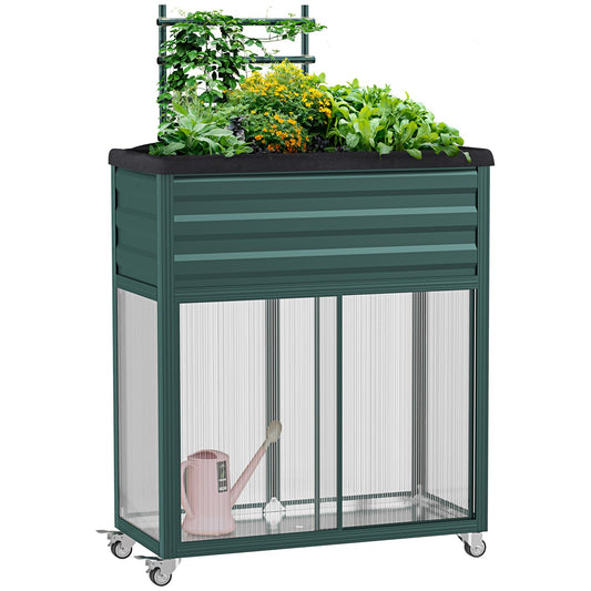 Raised bed with trellis, wheels and shelf - galvanized steel, 85x40x135cm