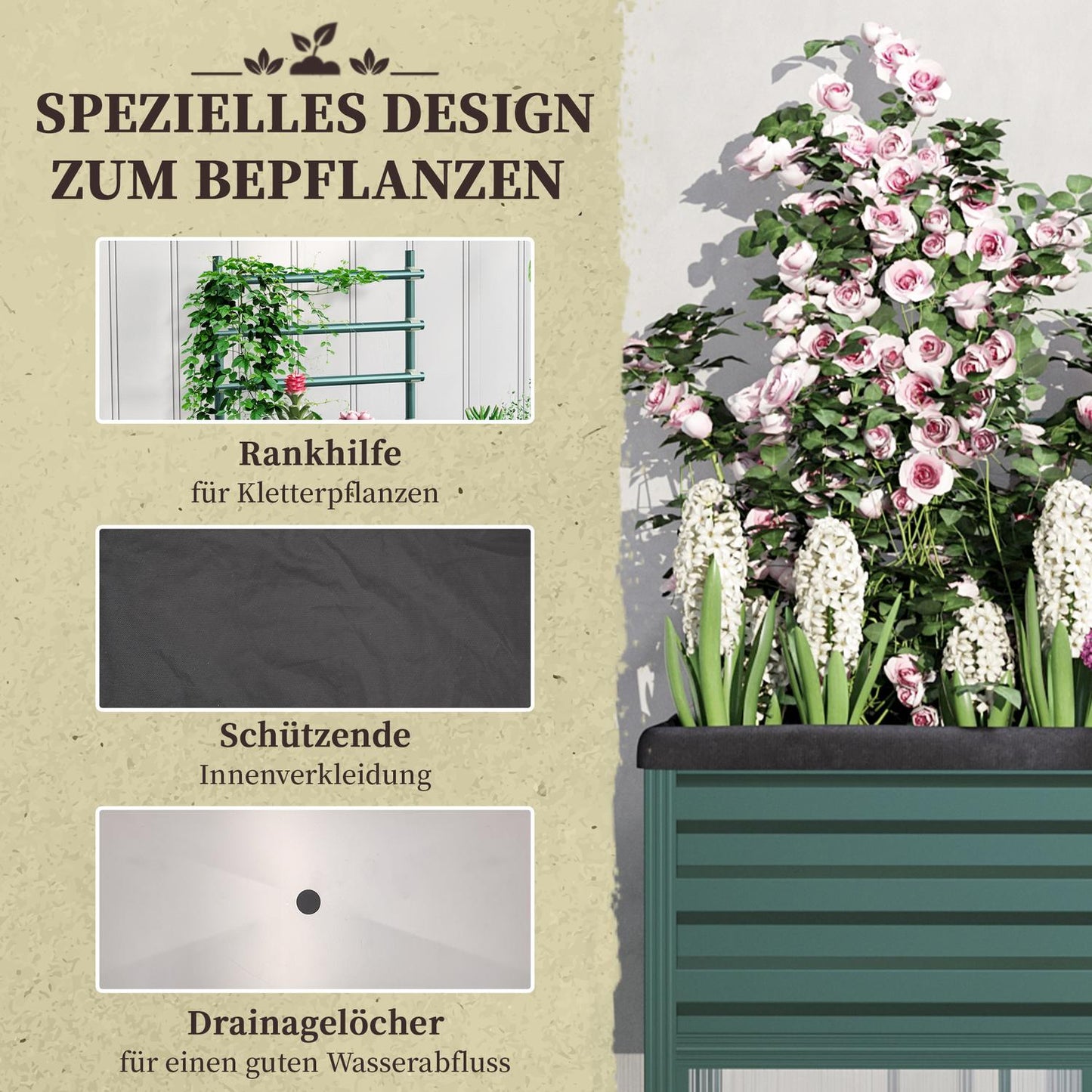 Raised bed with trellis, wheels and shelf - galvanized steel, 85x40x135cm