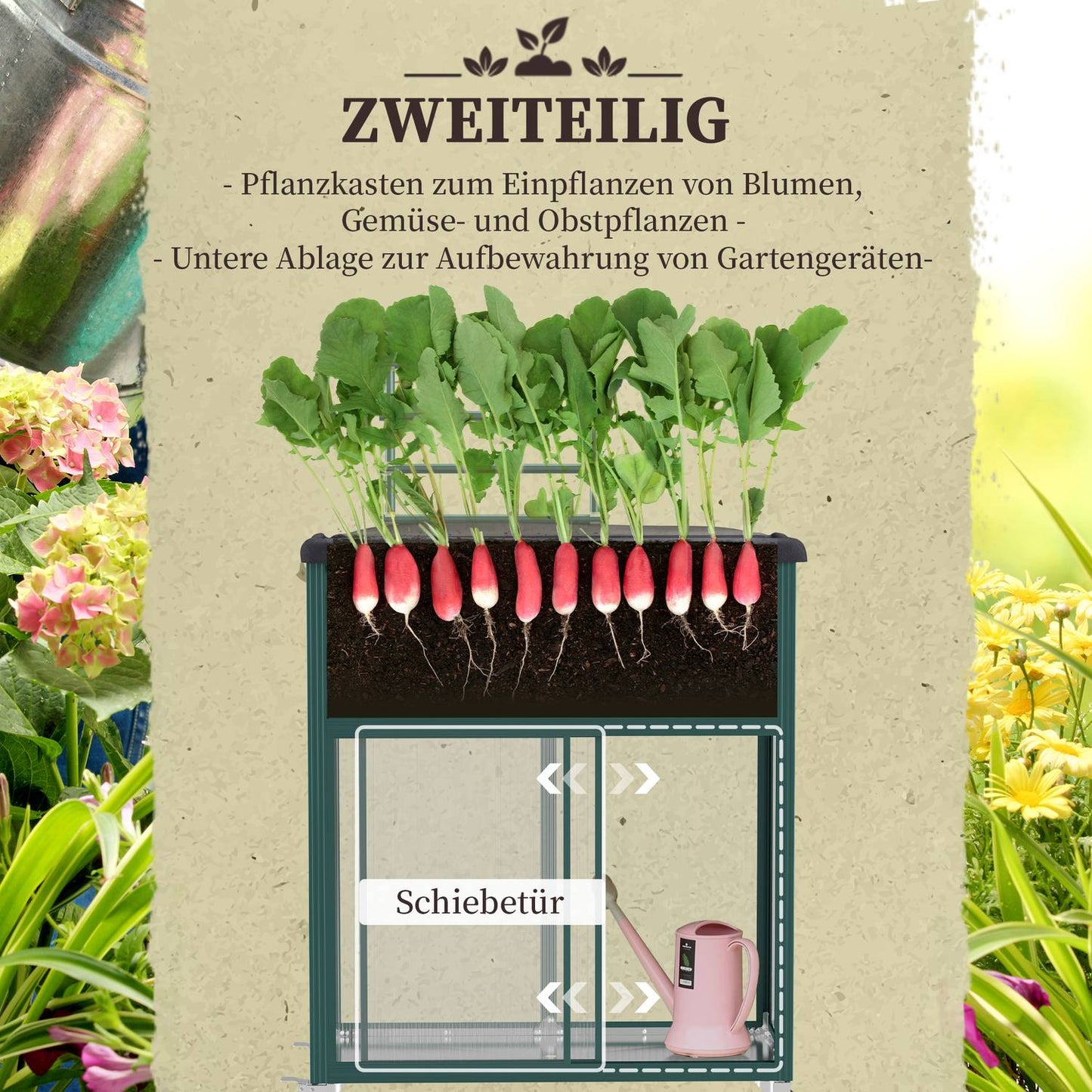 Raised bed with trellis, wheels and shelf - galvanized steel, 85x40x135cm