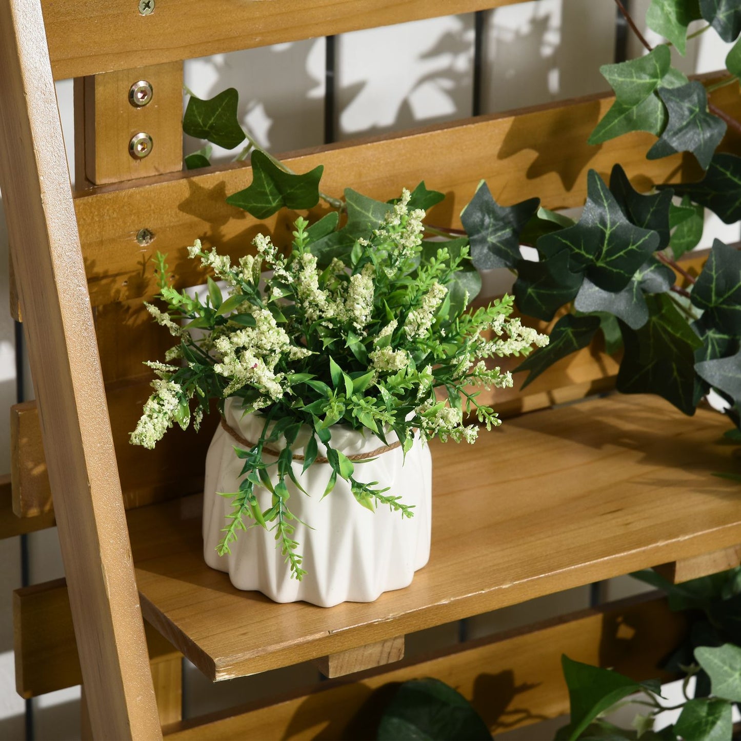 Raised wooden plant bed with trellis and 3 shelves, brown
