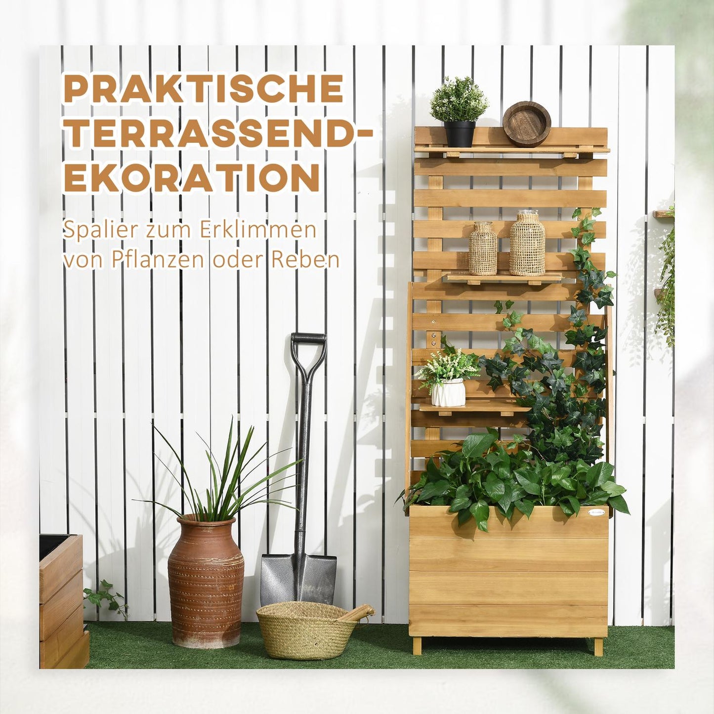 Raised wooden plant bed with trellis and 3 shelves, brown