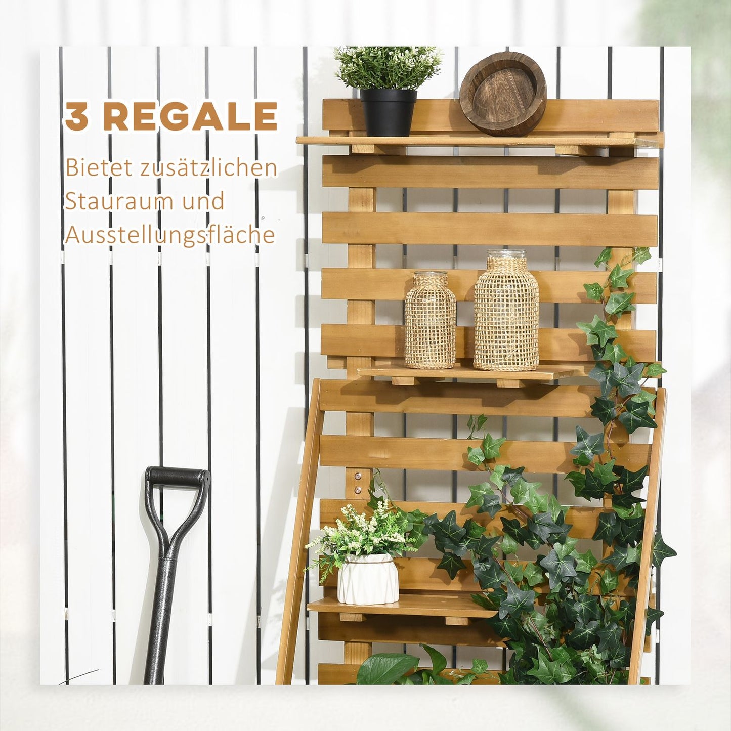 Raised wooden plant bed with trellis and 3 shelves, brown