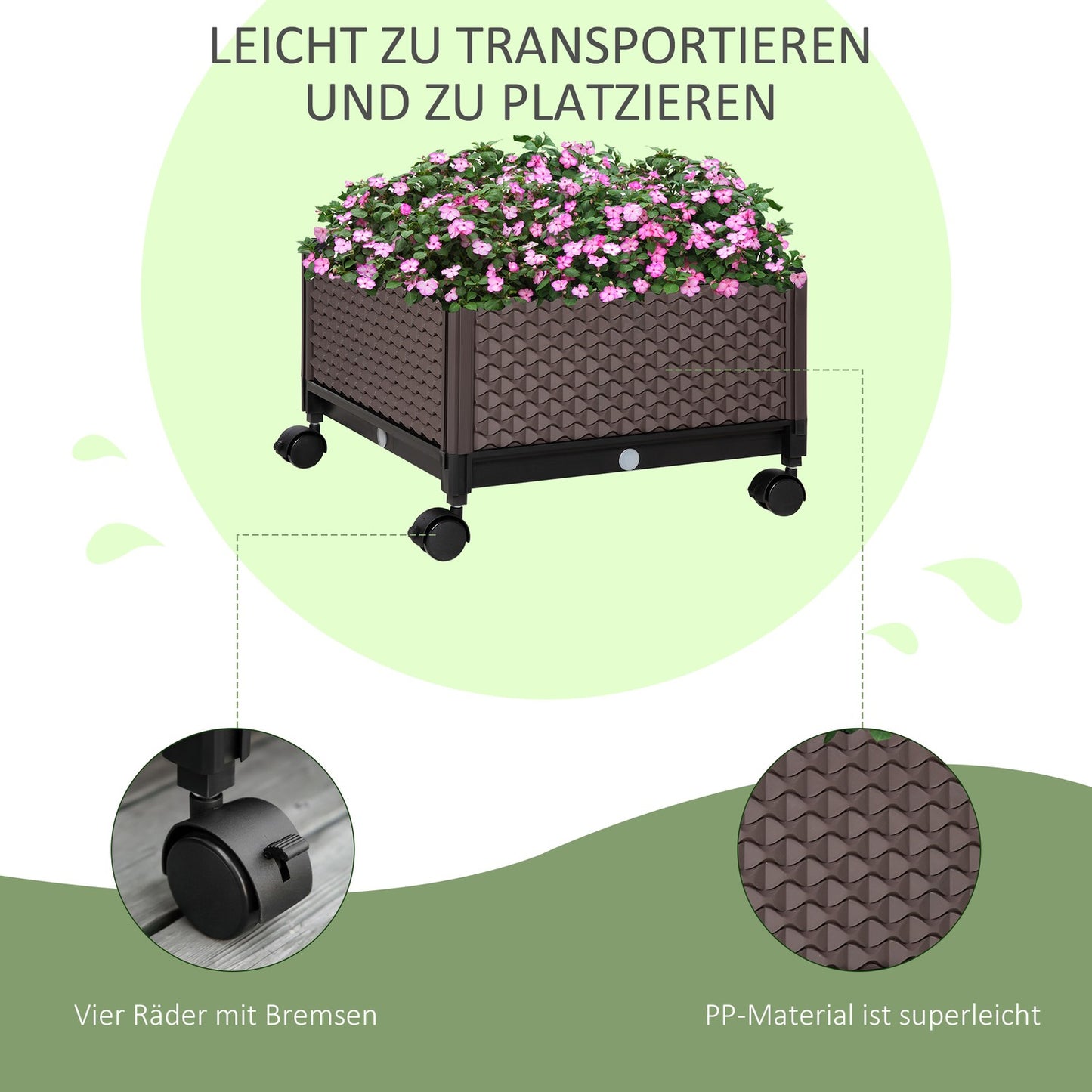 Mobile raised plant bed with wheels, drainage, brown