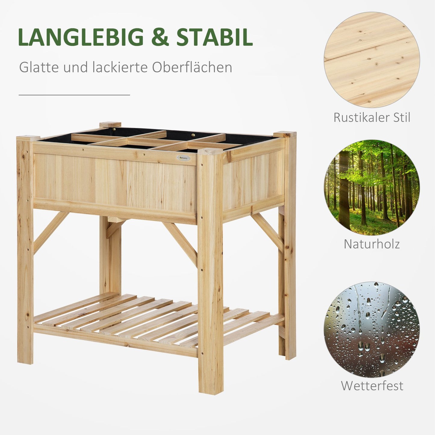 Wooden raised bed with 6 plant areas & fabric, natural