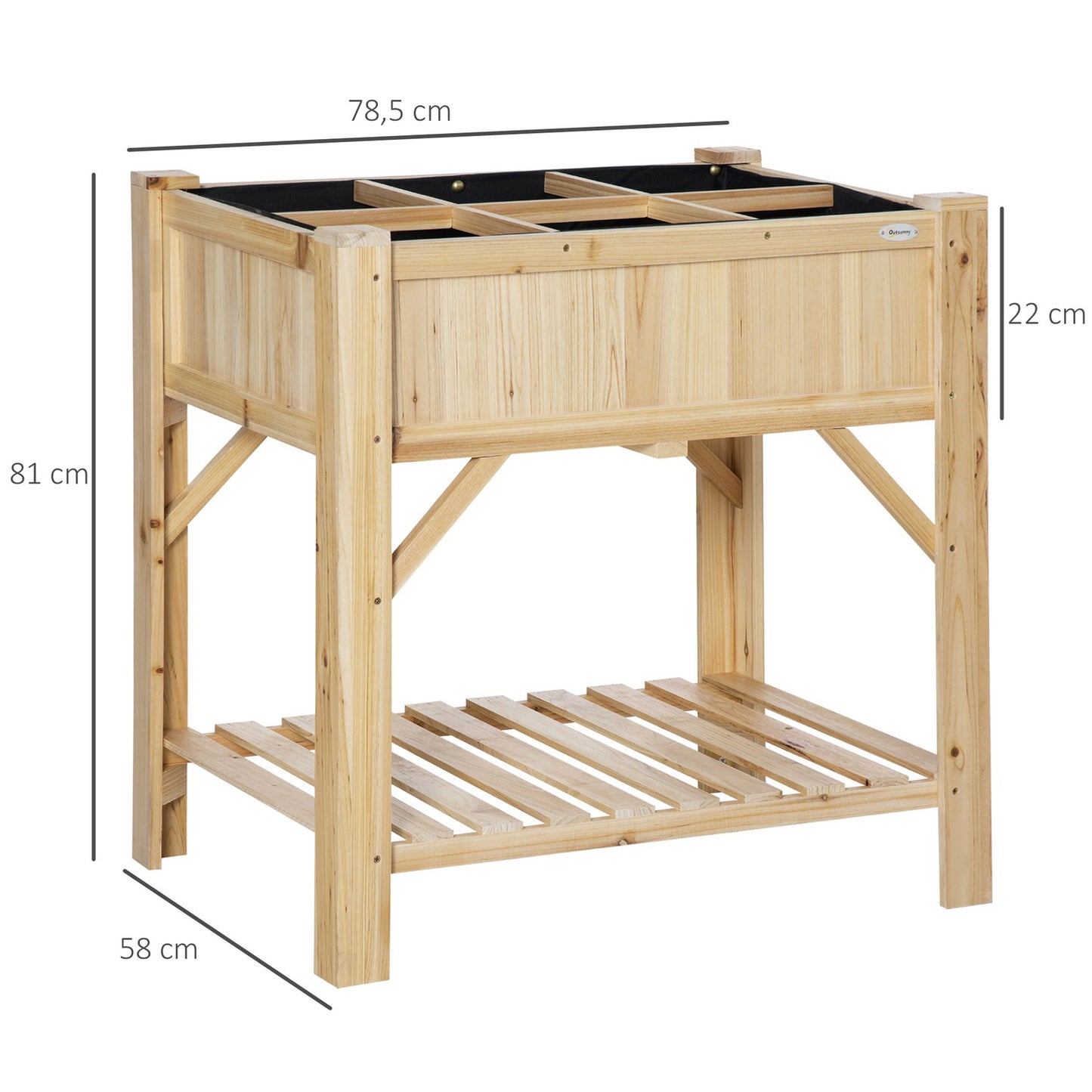 Wooden raised bed with 6 plant areas & fabric, natural