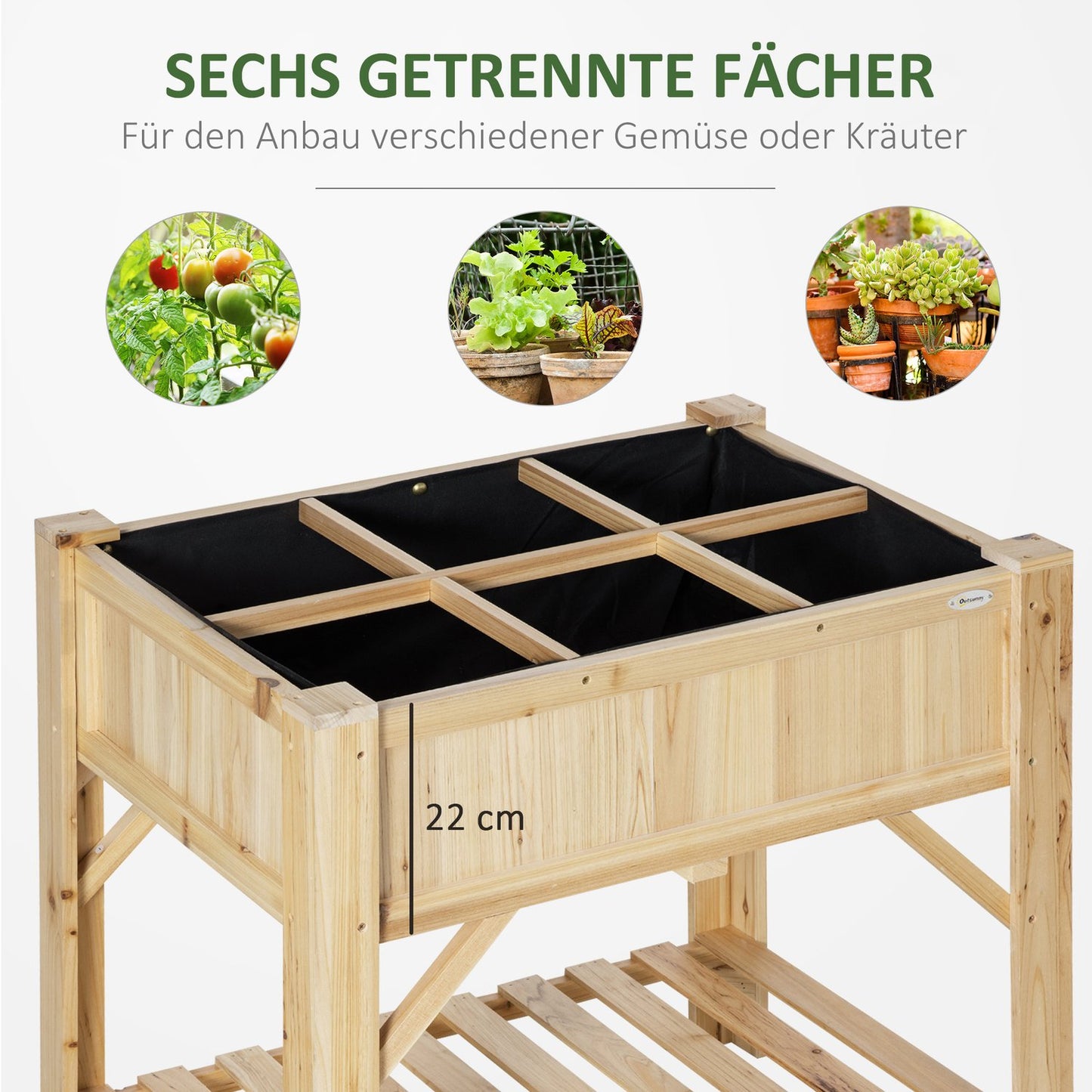 Wooden raised bed with 6 plant areas & fabric, natural