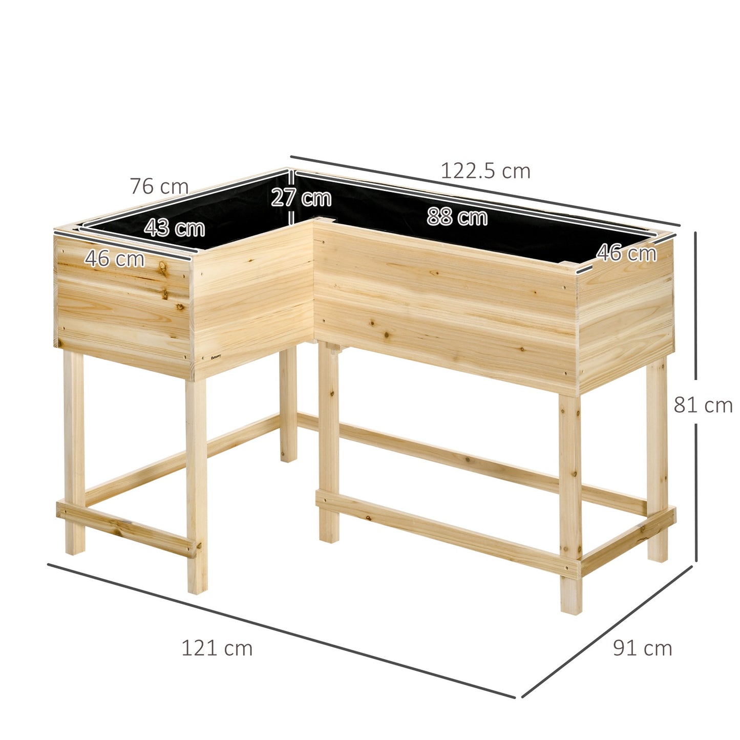Raised wooden plant bed with irrigation, 122x91x81 cm