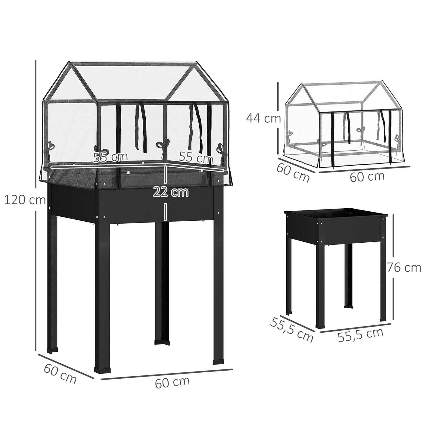 Metal garden bed with cover and drainage, black