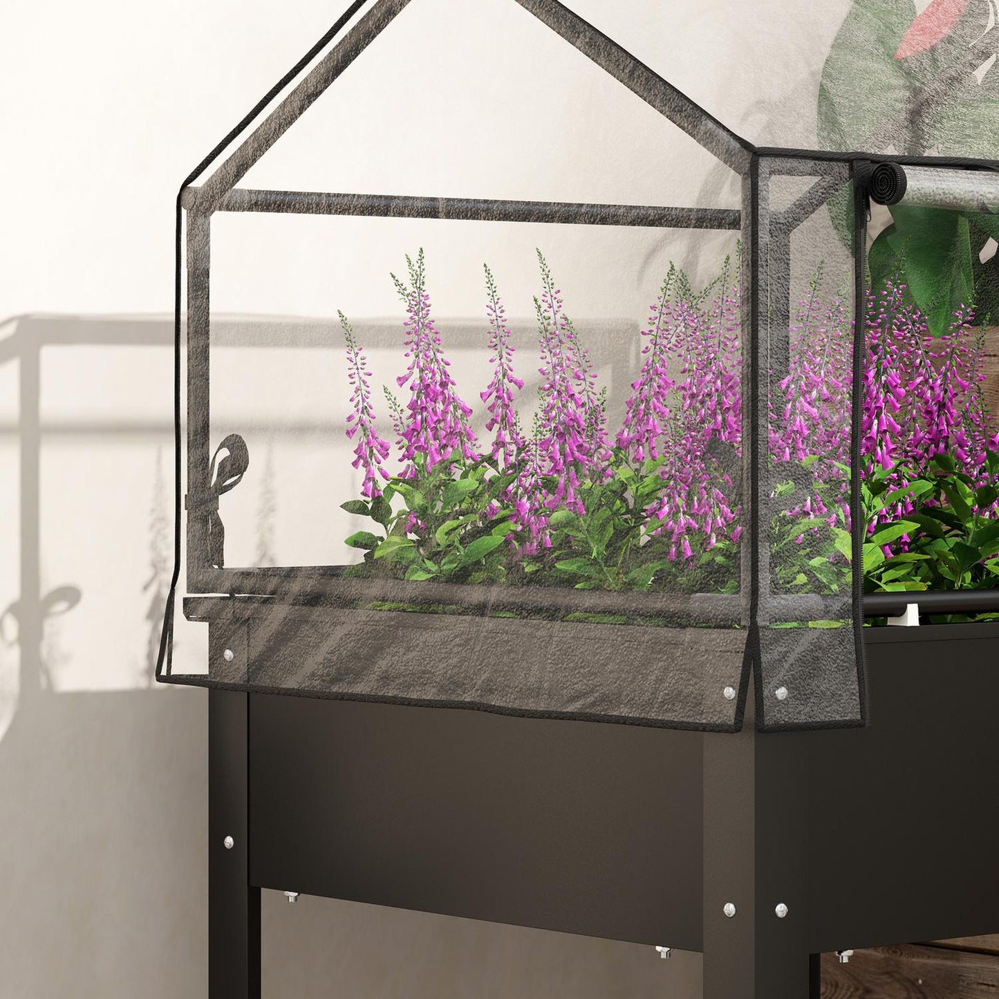 Metal garden bed with cover and drainage, black