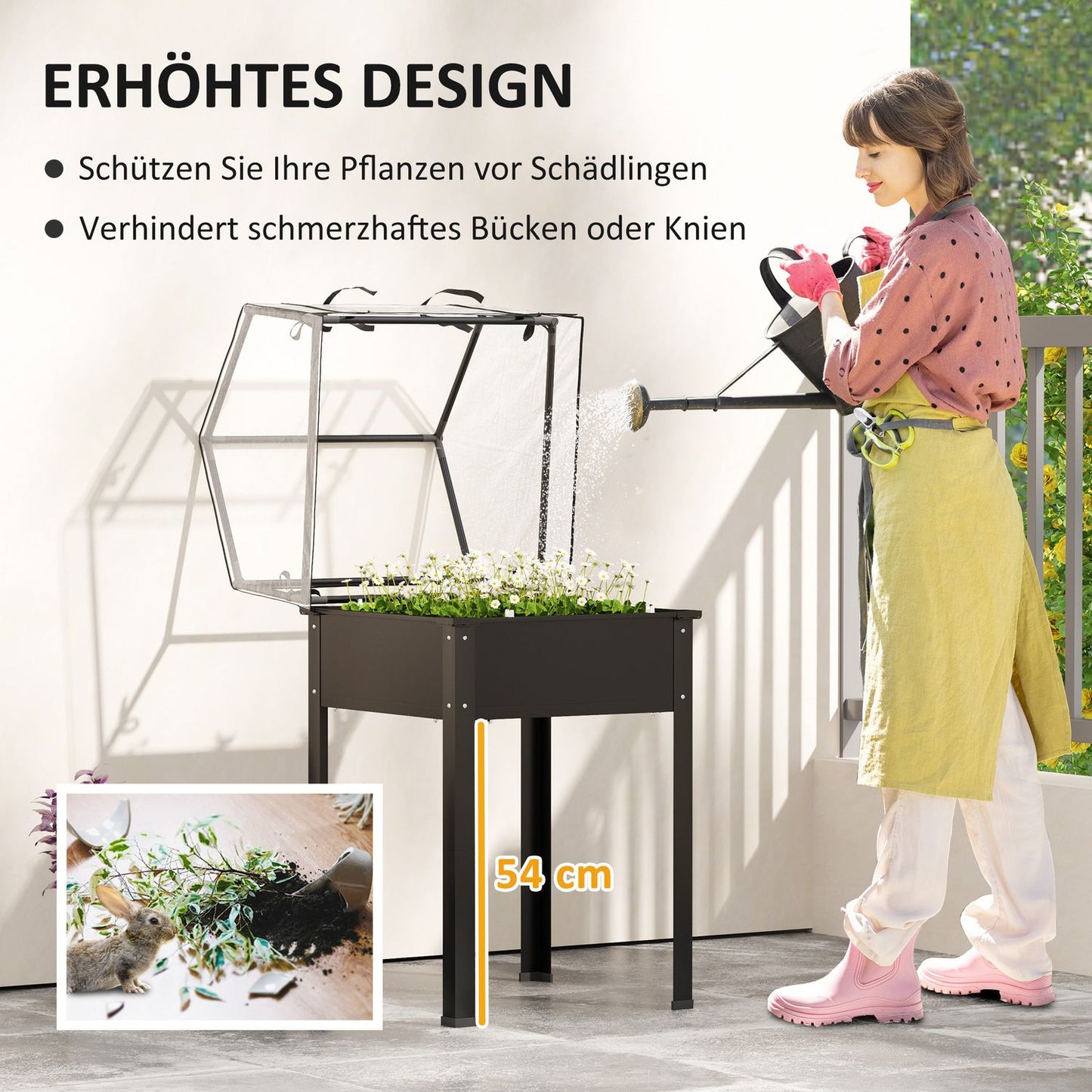 Metal garden bed with cover and drainage, black