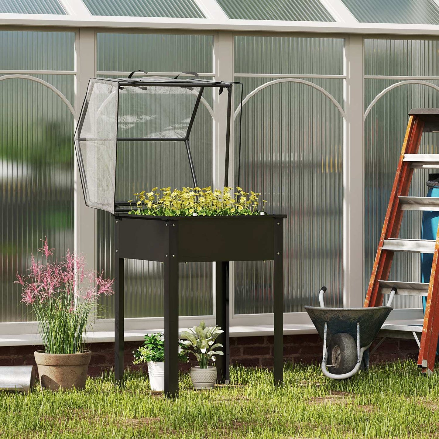 Metal garden bed with cover and drainage, black