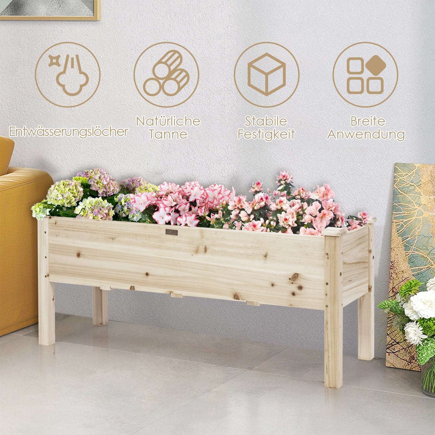 Raised Garden Bed, Cedar Wood, 120x43.5x51 cm, 5 Drainage Holes