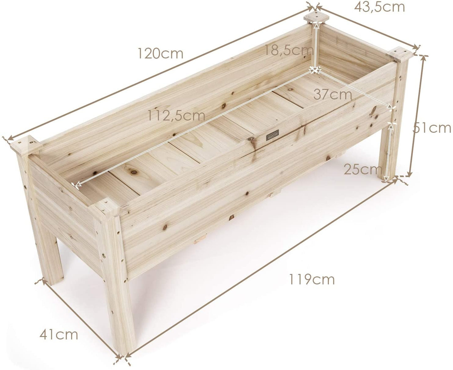 Raised Garden Bed, Cedar Wood, 120x43.5x51 cm, 5 Drainage Holes