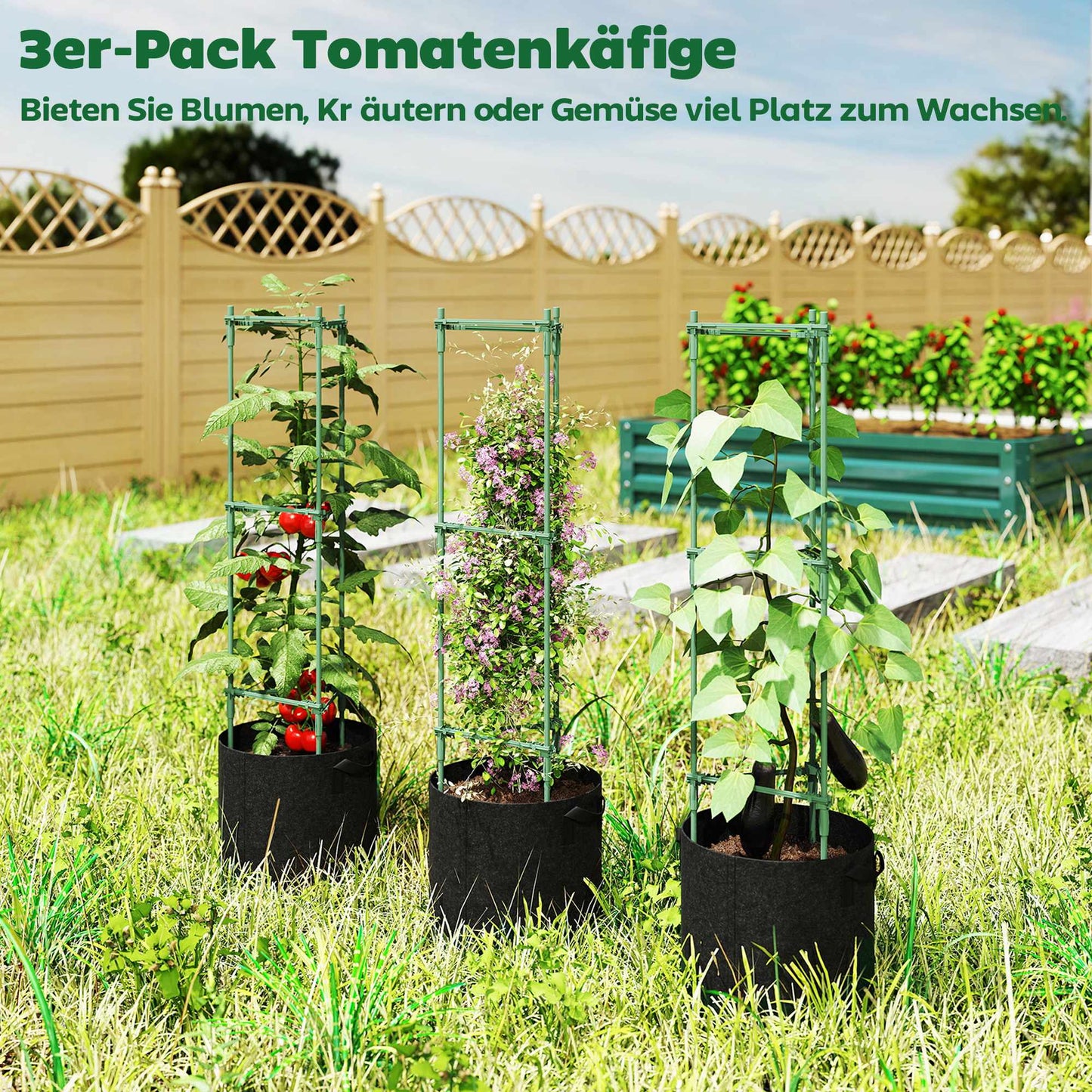 Raised Garden Bed Set with Trellis, 3-Pack, 83.7L, 35x35x120 cm
