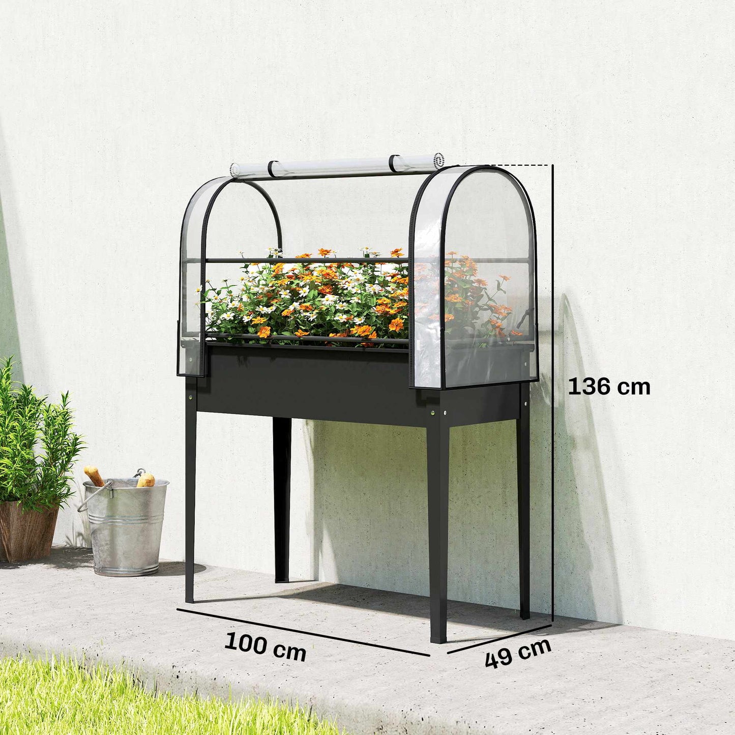 Raised Garden Bed with Clear Cover, Metal, 100x49x136 cm