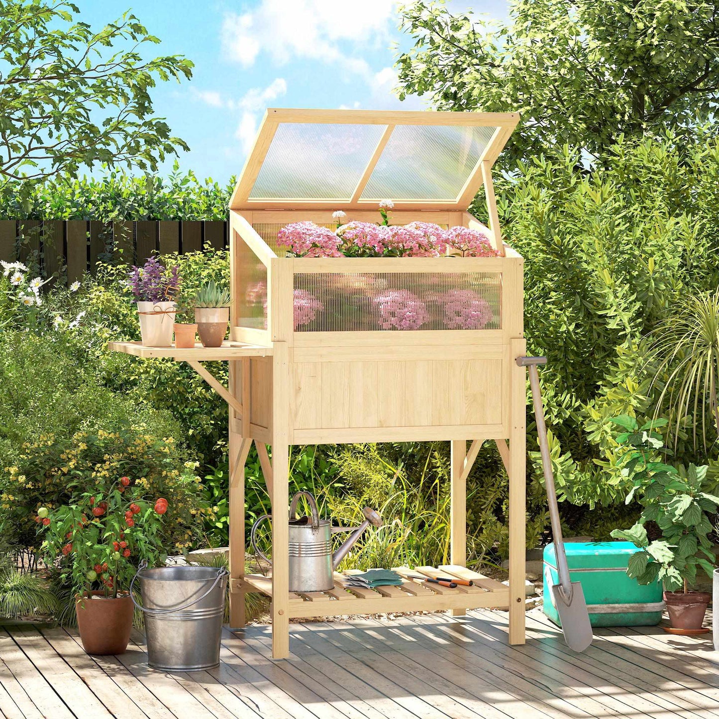 Raised Garden Bed with Cold Frame, Wood, Foldable Shelf