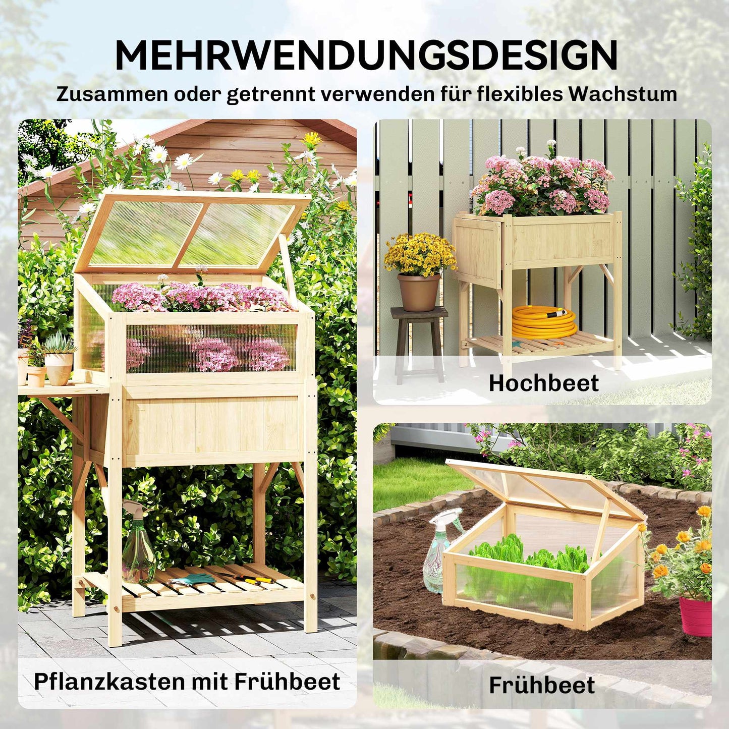 Raised Garden Bed with Cold Frame, Wood, Foldable Shelf