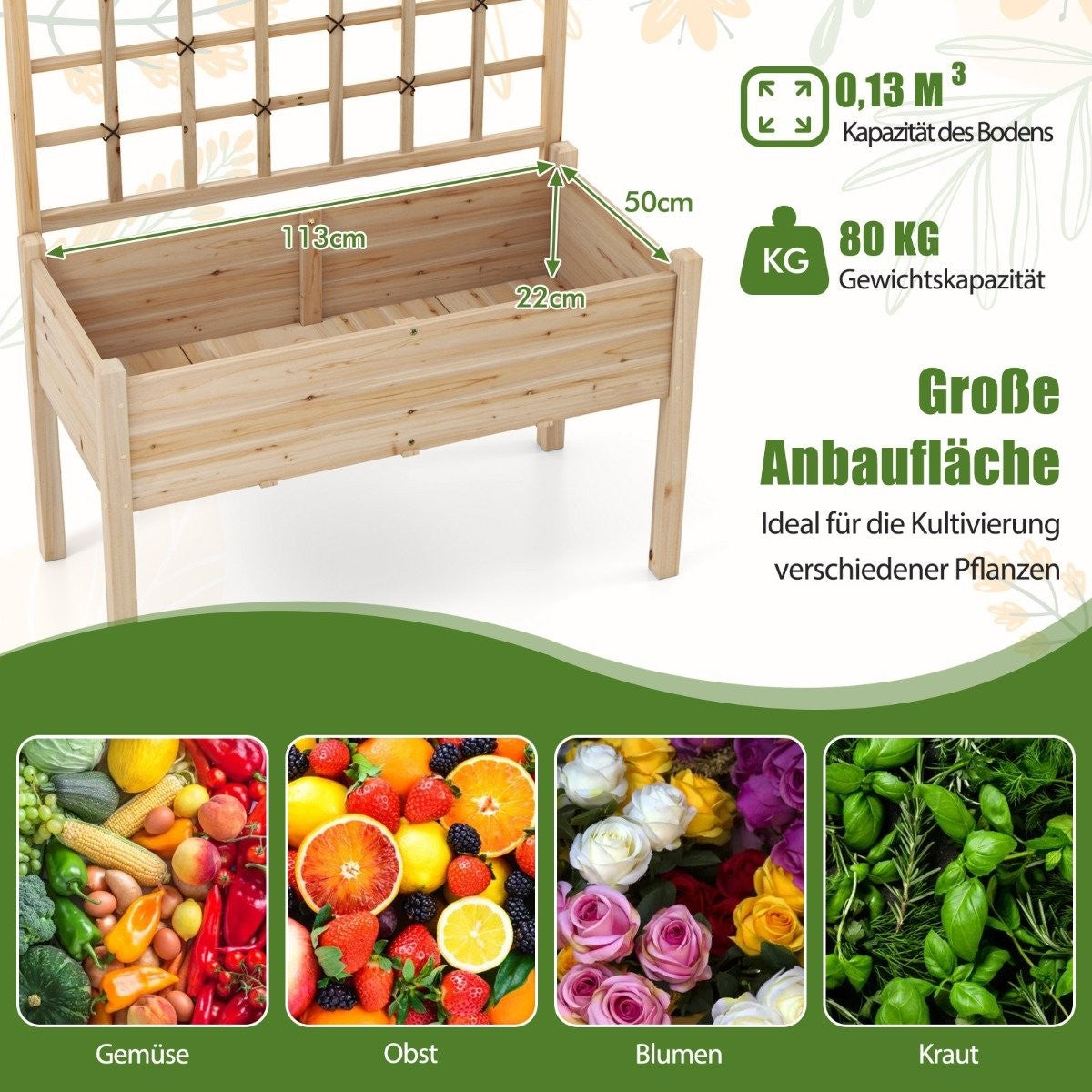 Raised Garden Bed with Trellis, 119x60x160 cm, Wood Planter