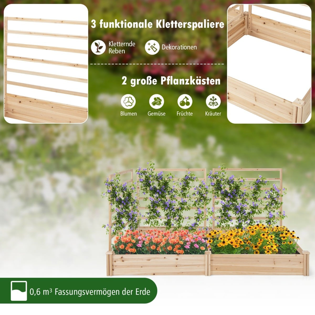 Raised Garden Bed with Trellis, 222x114x110 cm, Pine Wood