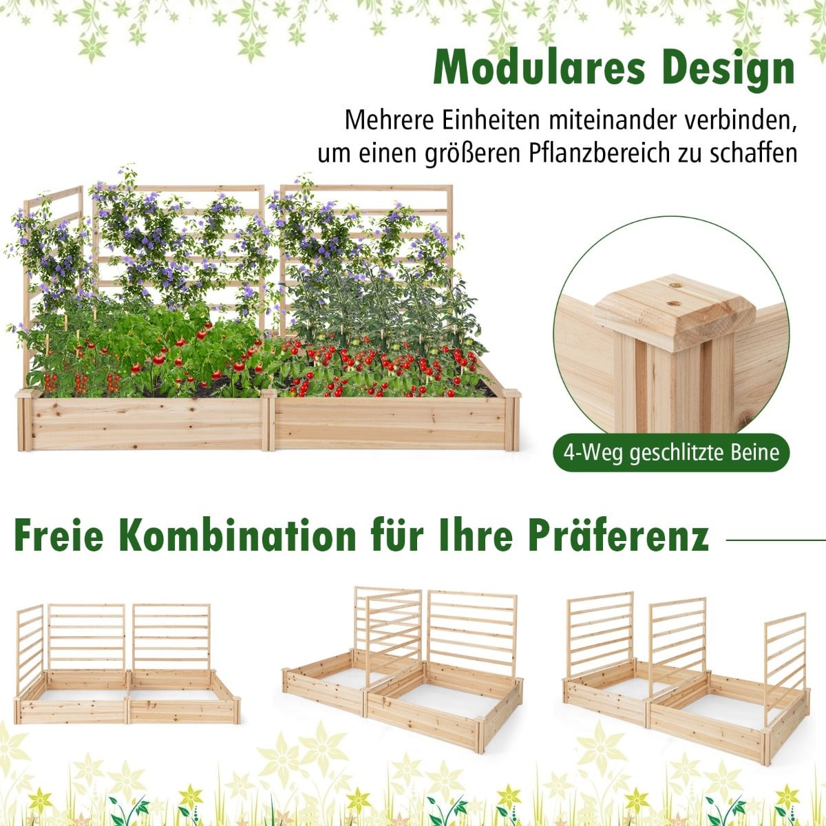 Raised Garden Bed with Trellis, 222x114x110 cm, Pine Wood