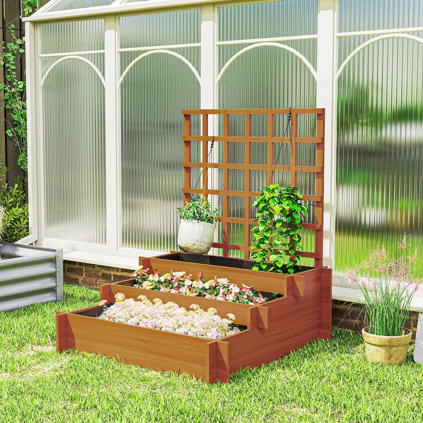 Raised Garden Bed with Trellis, 3-Tier Fir Wood, 95x95x110 cm
