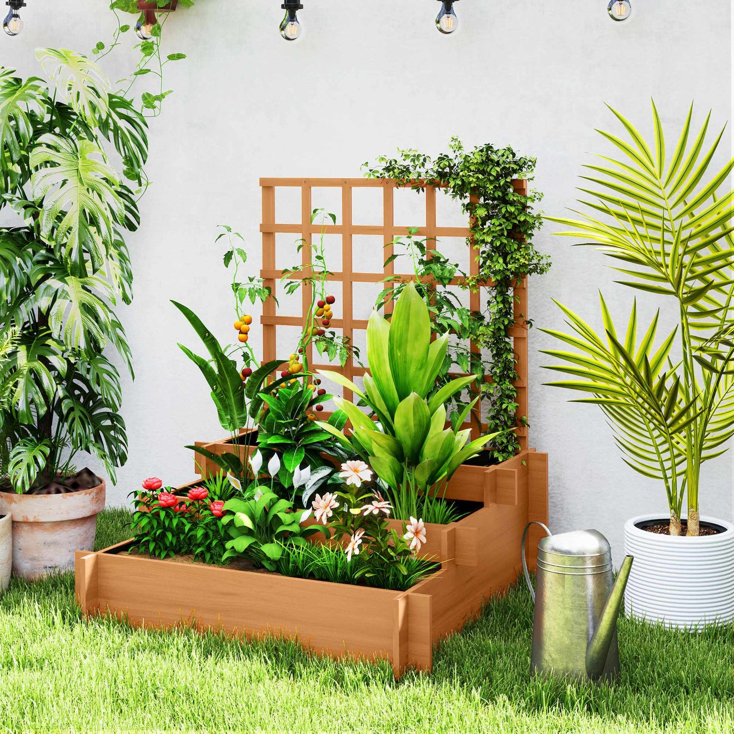 Raised Garden Bed with Trellis, 3-Tier Fir Wood, 95x95x110 cm