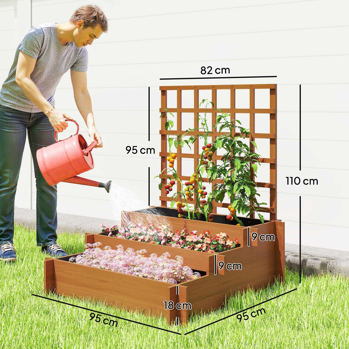 Raised Garden Bed with Trellis, 3-Tier Fir Wood, 95x95x110 cm