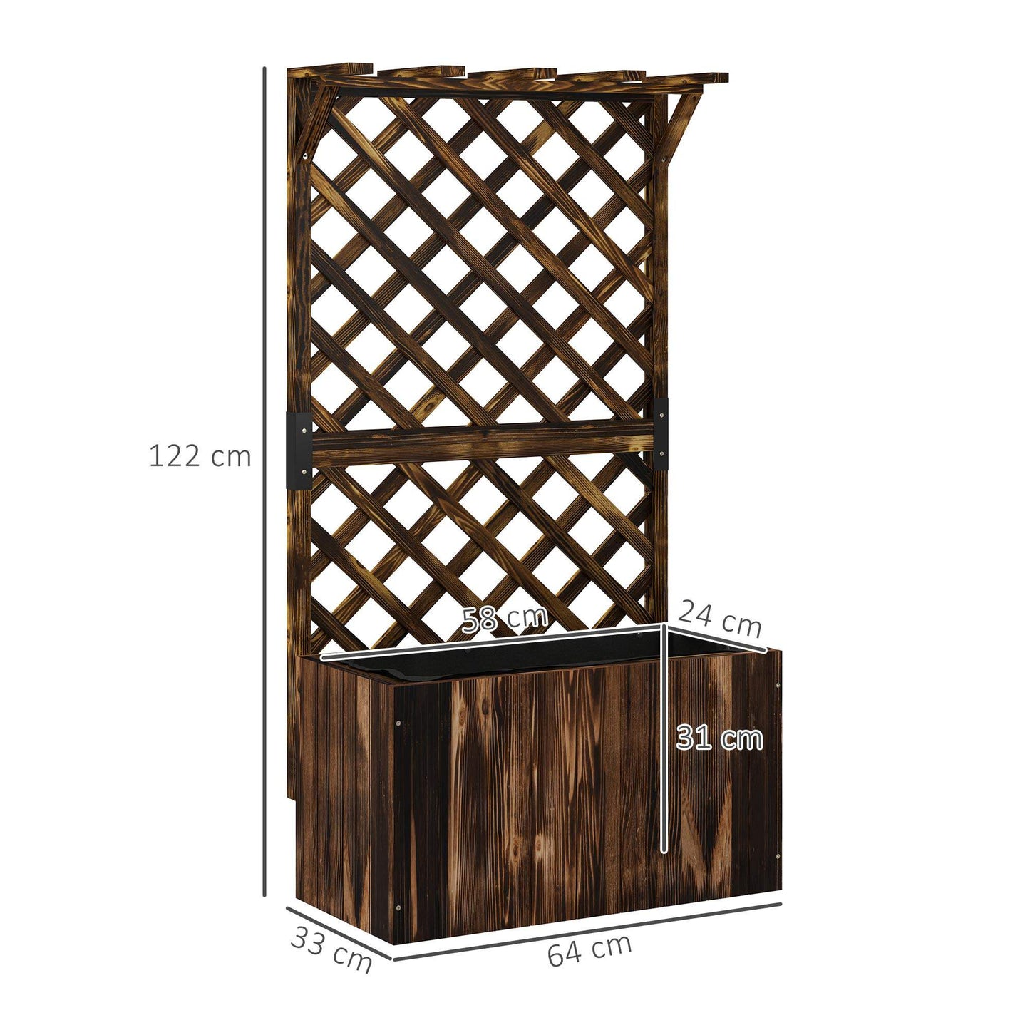 Raised Garden Bed with Trellis, Charred Wood, 64x33x122 cm