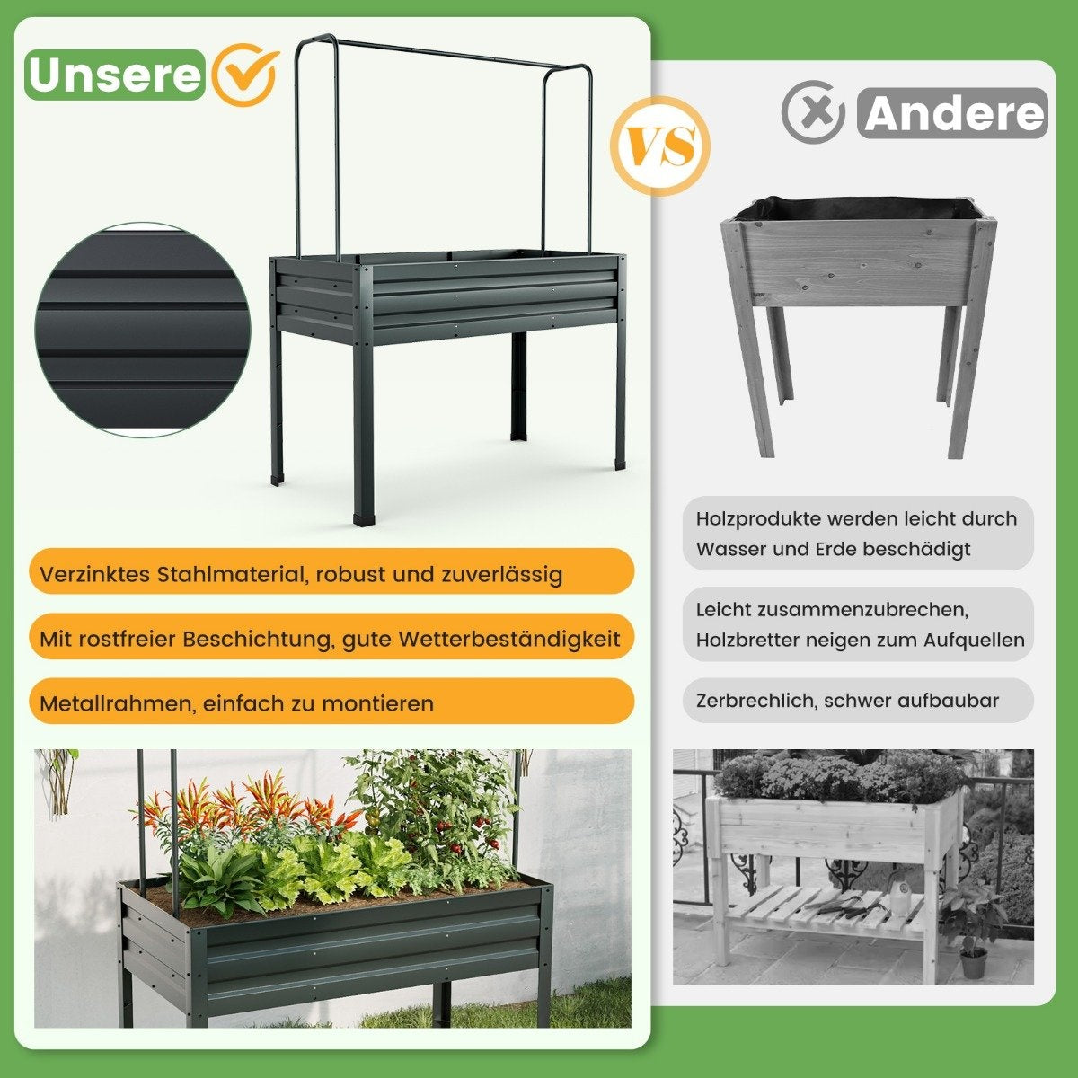 Raised Garden Bed with Trellis & Greenhouse Cover, 115x60x150 cm