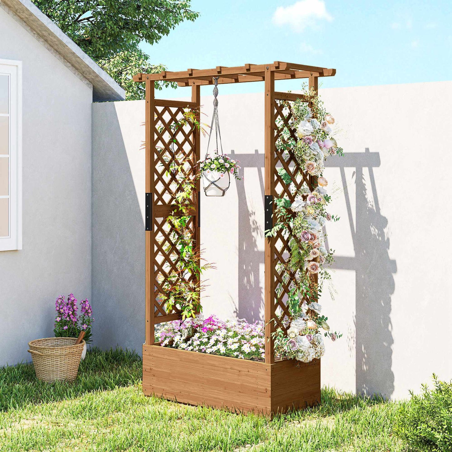 Raised Garden Bed with Trellis & Roof, 110x44x181 cm Wood