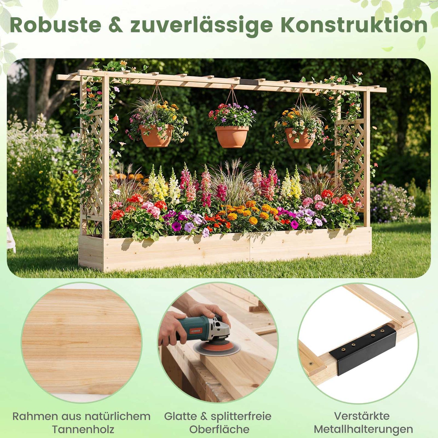 Raised Garden Bed with Trellis, Spruce Wood, 220x35x114 cm