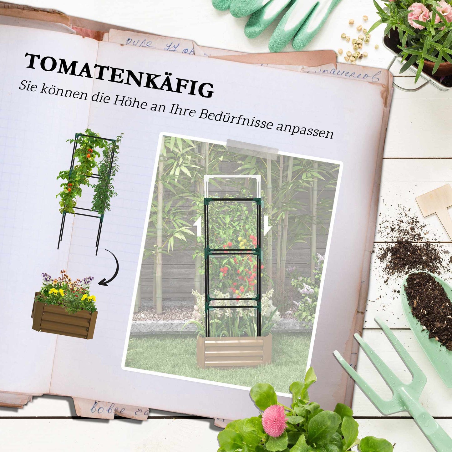 Raised Garden Bed with Trellis, Steel, 61x61x140 cm, Brown