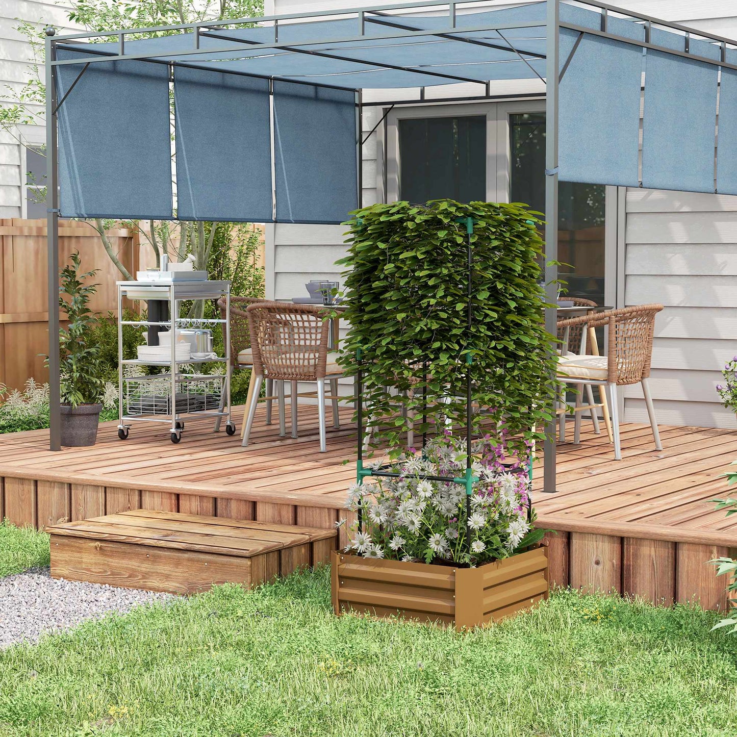 Raised Garden Bed with Trellis, Steel, 61x61x140 cm, Brown