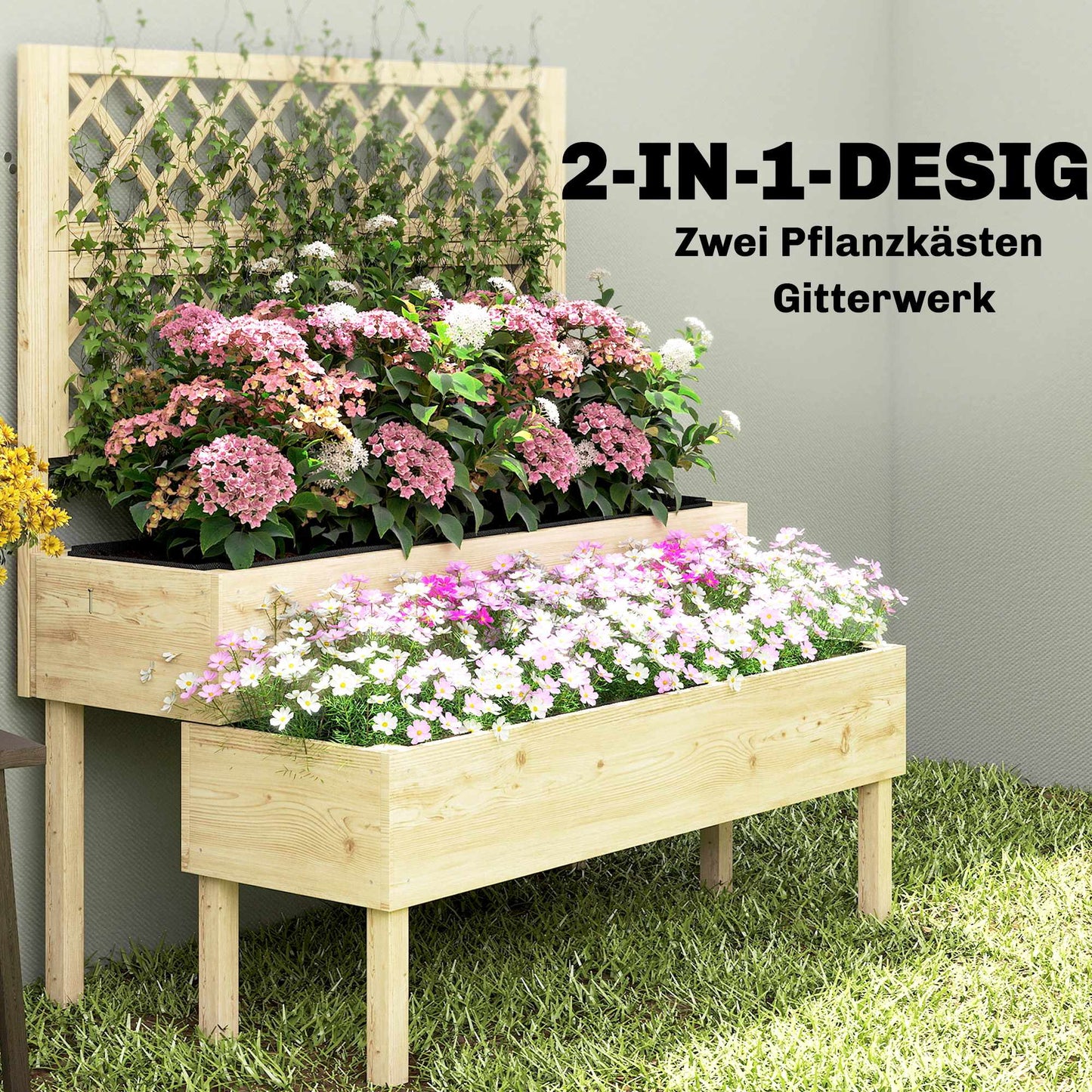Raised Garden Bed with Trellis, Tiered Wood Planter Box