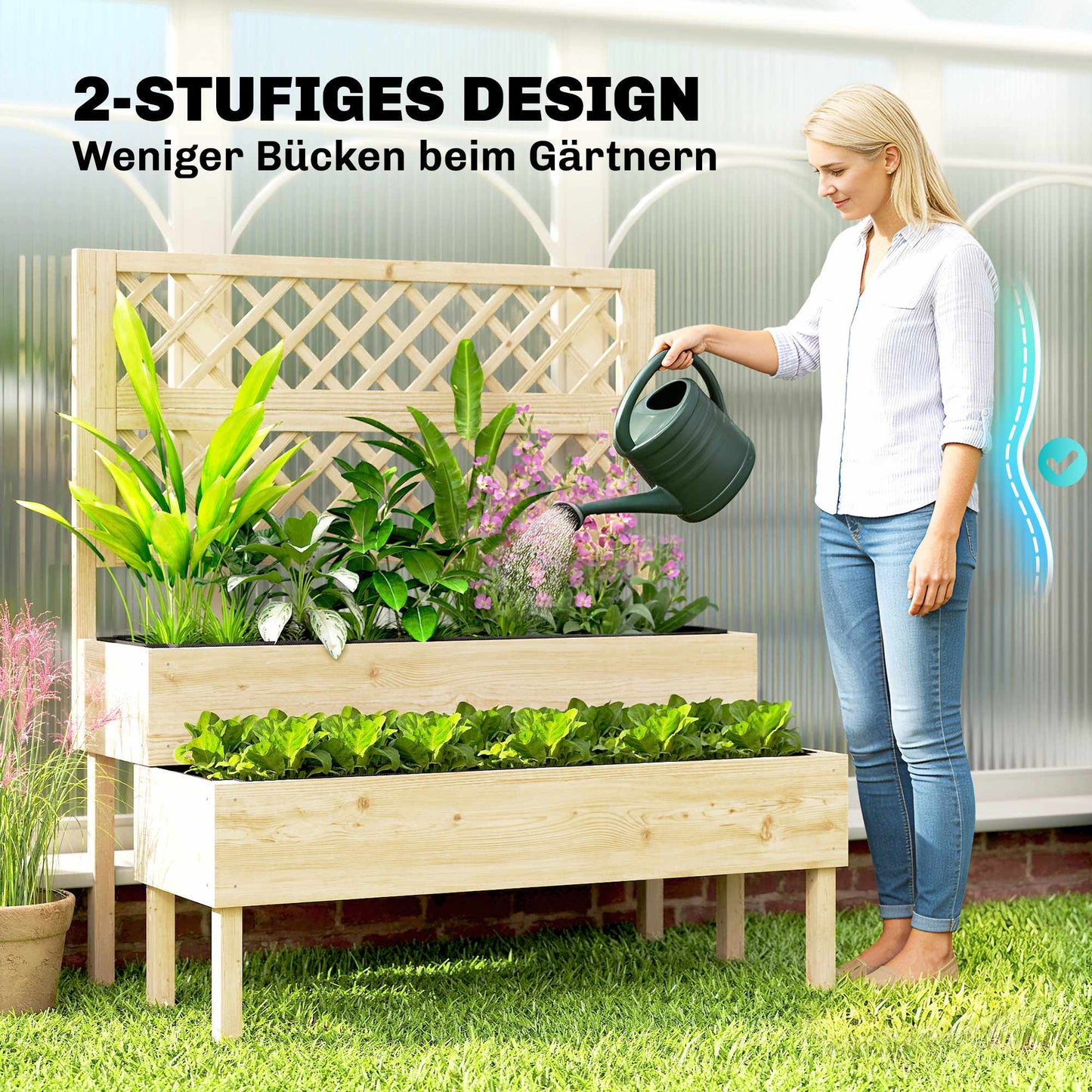 Raised Garden Bed with Trellis, Tiered Wood Planter Box