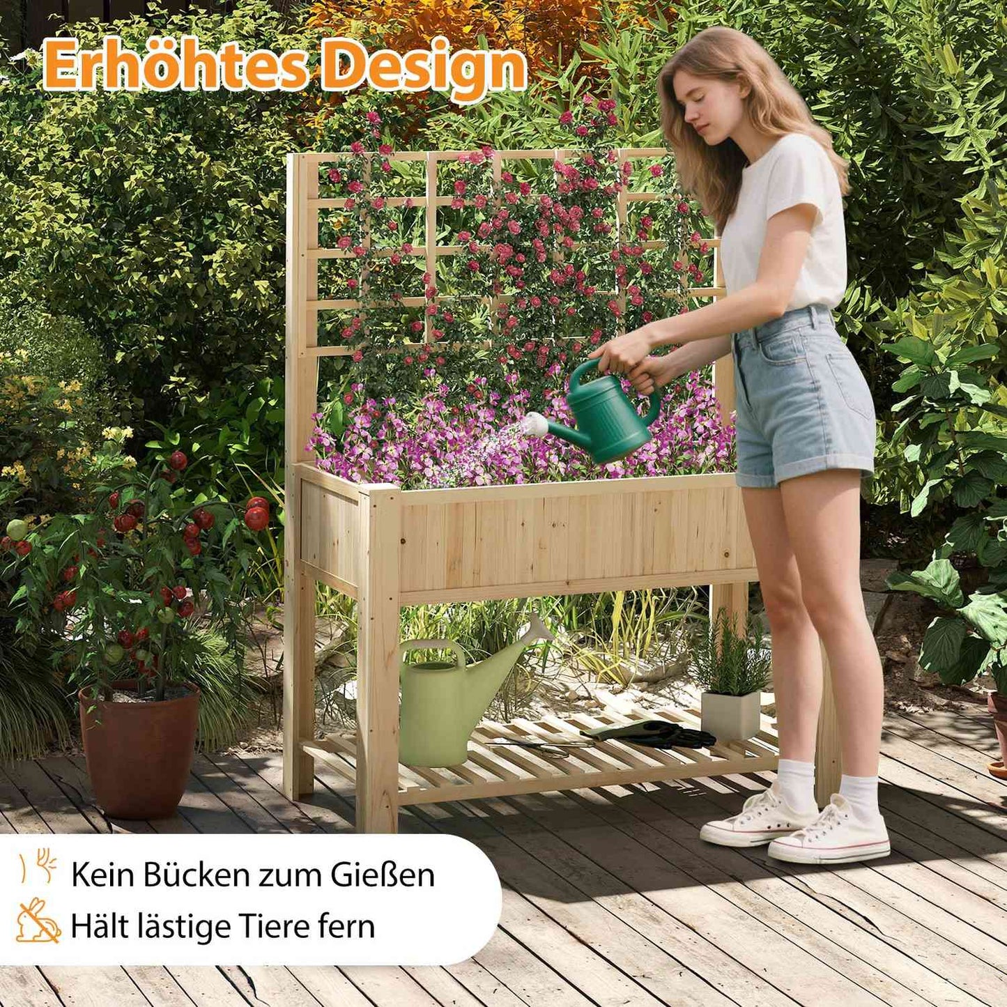 Raised Garden Bed with Trellis and Drainage, 116x59x150 cm